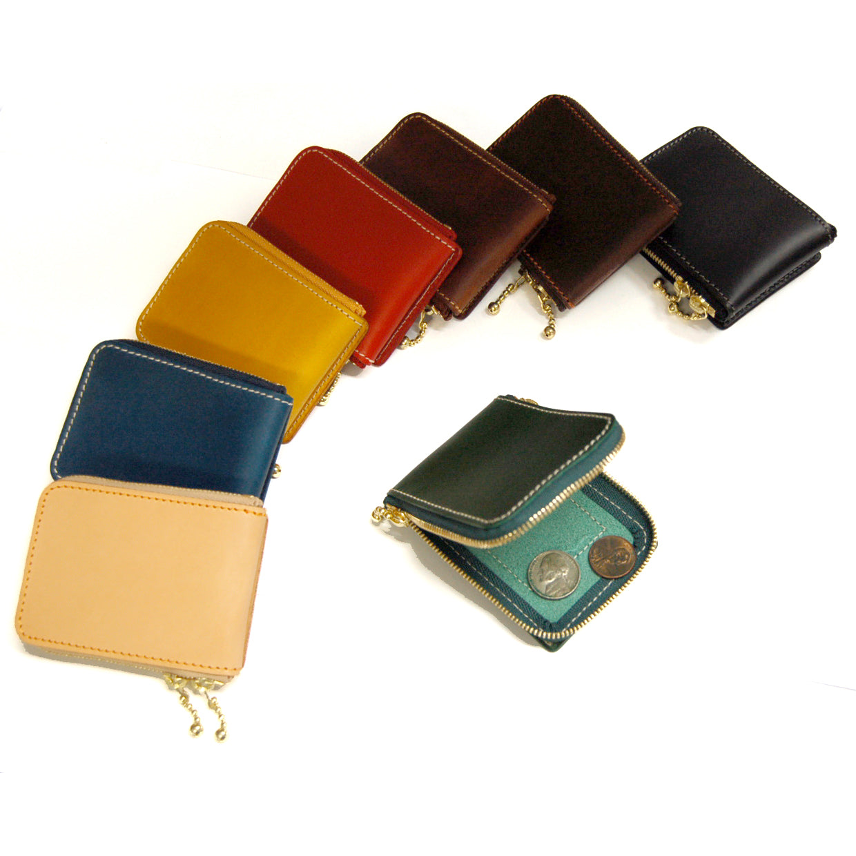 Cr-132コインケース 左から時計回りにTAN/BLUE/YELLOW/RED/BROWN/CHOCO/BLACK/GREEN